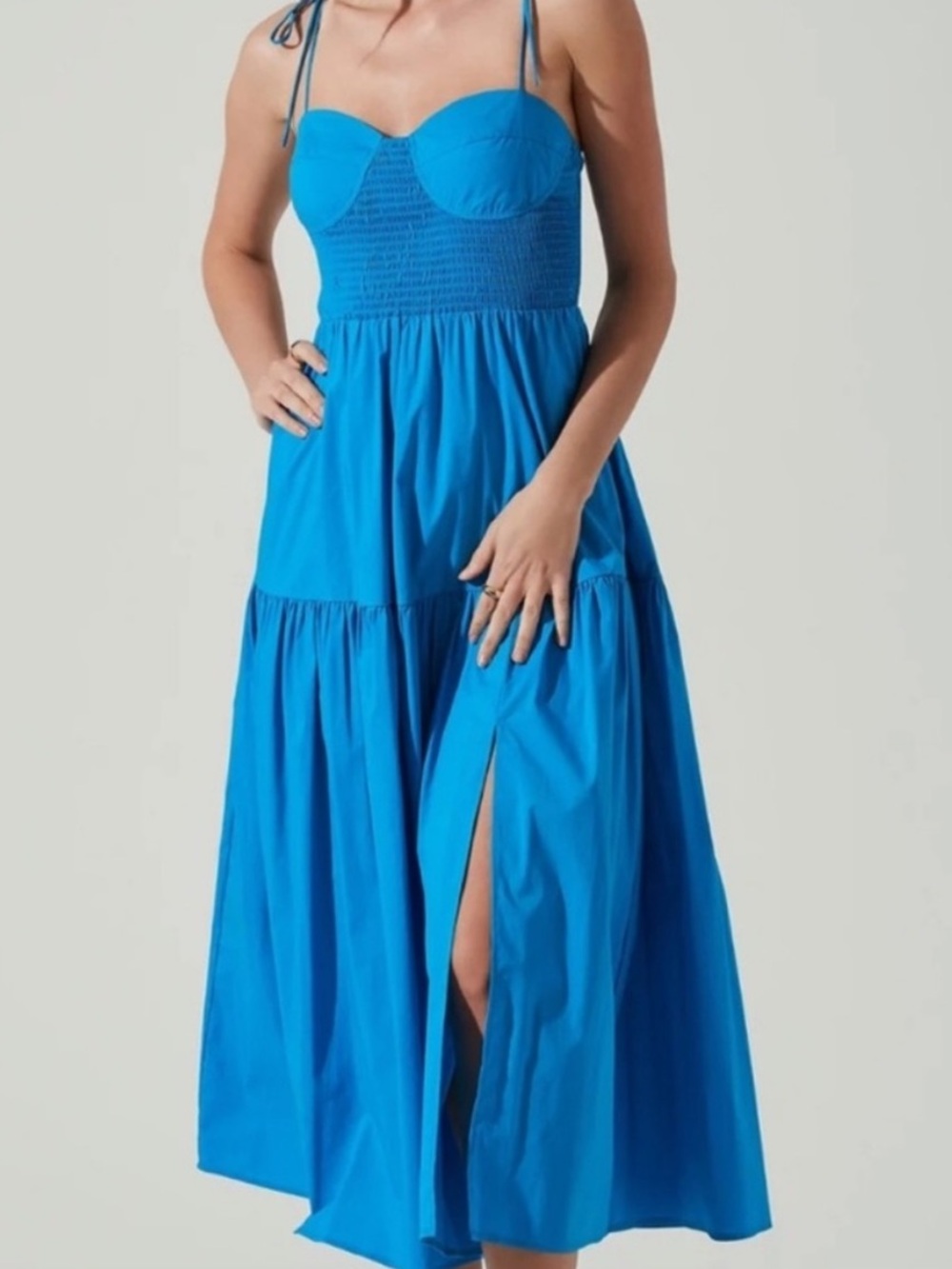 Astr Bright Blue Smocked Midi Dress with Side Slit New worn once for photos